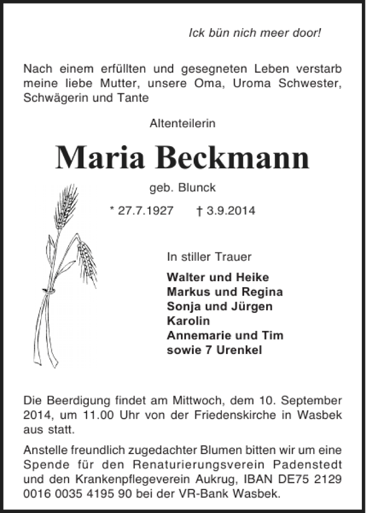 Traueranzeige für Maria Beckmann vom 05.09.2014 aus Holsteinischer Courier