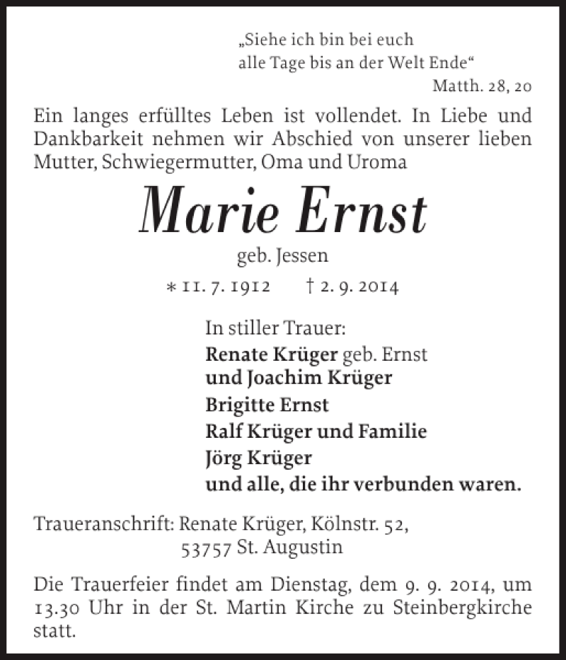  Traueranzeige für Marie Ernst vom 05.09.2014 aus Flensburger Tageblatt