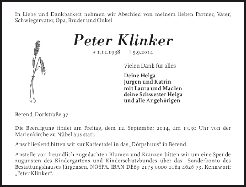  Traueranzeige für Peter Klinker vom 09.09.2014 aus Schleswiger Nachrichten