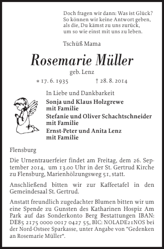 Traueranzeige für Rosemarie Müller vom 20.09.2014 aus Flensburger Tageblatt