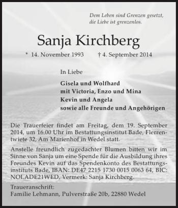 Traueranzeige von Sanja Kirchberg von Pinneberger Tageblatt