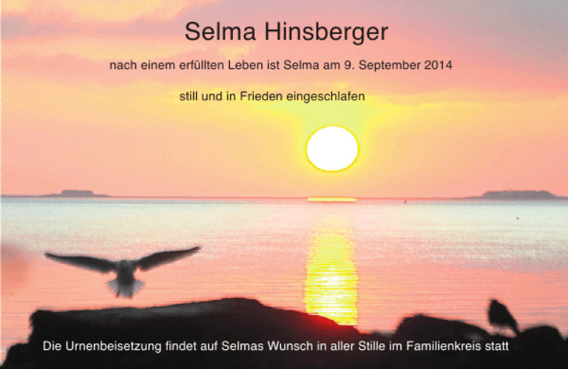  Traueranzeige für Selma Hinsberger vom 13.09.2014 aus Der Insel-Bote
