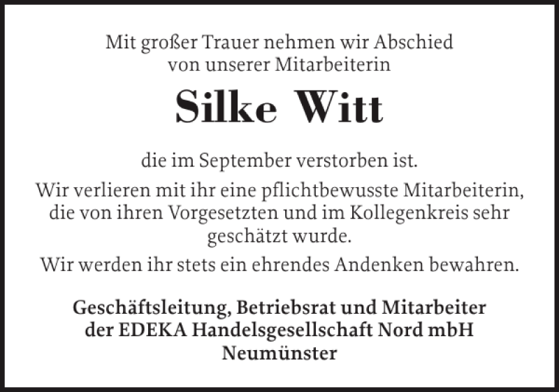  Traueranzeige für Silke Witt vom 20.09.2014 aus Holsteinischer Courier