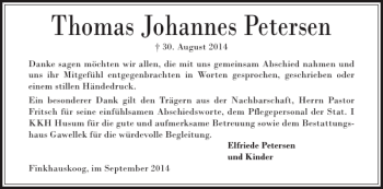 Traueranzeige von Thomas Johannes Petersen von Husumer Nachrichten