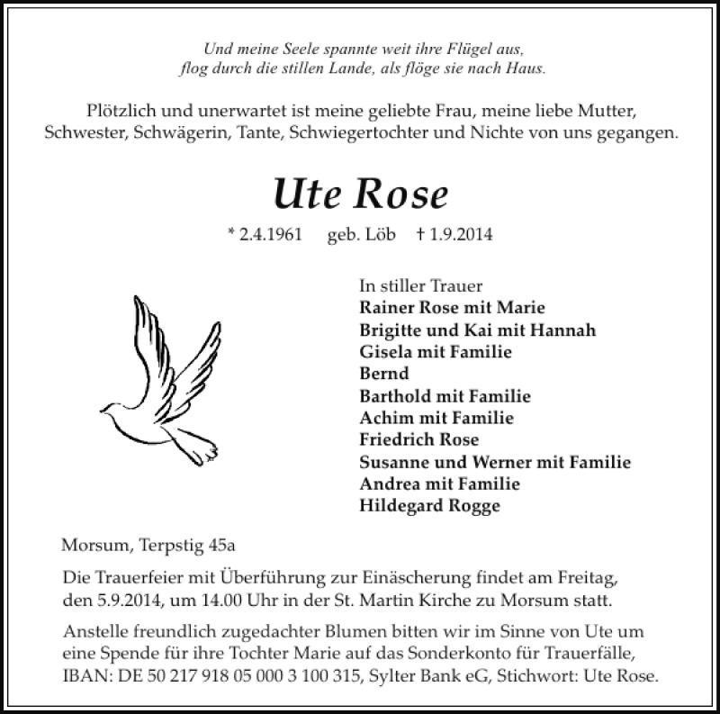  Traueranzeige für Ute Rose vom 04.09.2014 aus Sylter Rundschau