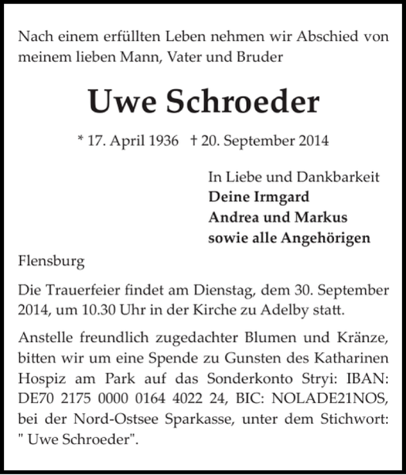  Traueranzeige für Uwe Schroeder vom 24.09.2014 aus Flensburger Tageblatt