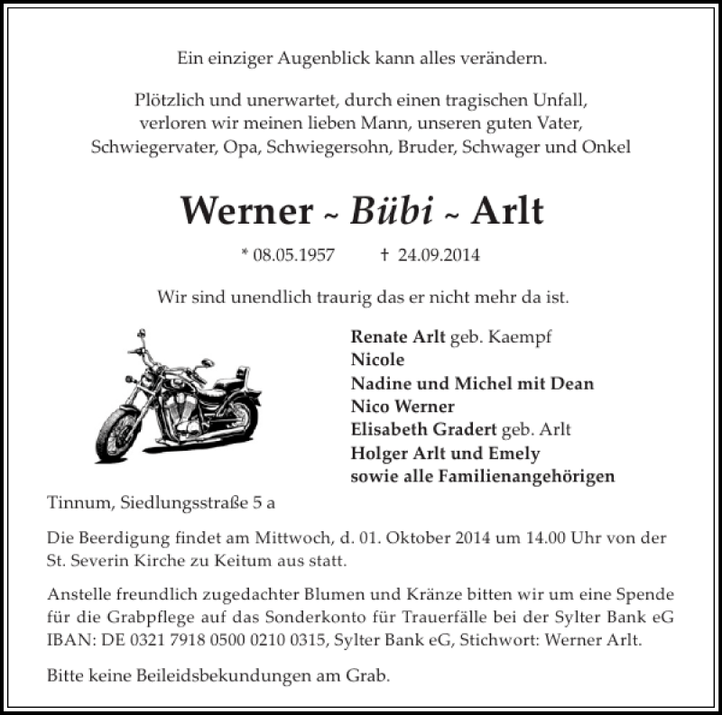  Traueranzeige für Werner 'Bübi' Arlt vom 27.09.2014 aus Sylter Rundschau