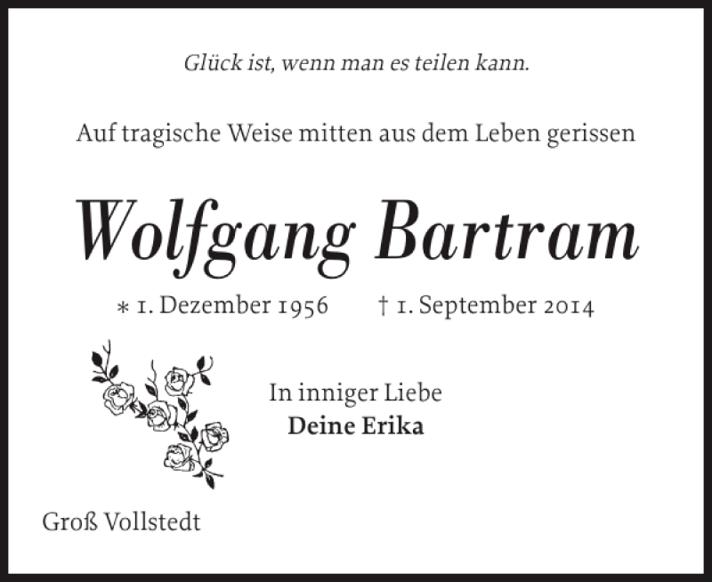  Traueranzeige für Wolfgang Bartram vom 08.09.2014 aus Landeszeitung