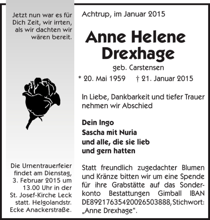  Traueranzeige für Anne Helene Drexhage vom 27.01.2015 aus Flensburger Tageblatt