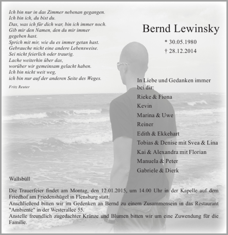  Traueranzeige für Bernd Lewinsky vom 07.01.2015 aus Flensburger Tageblatt