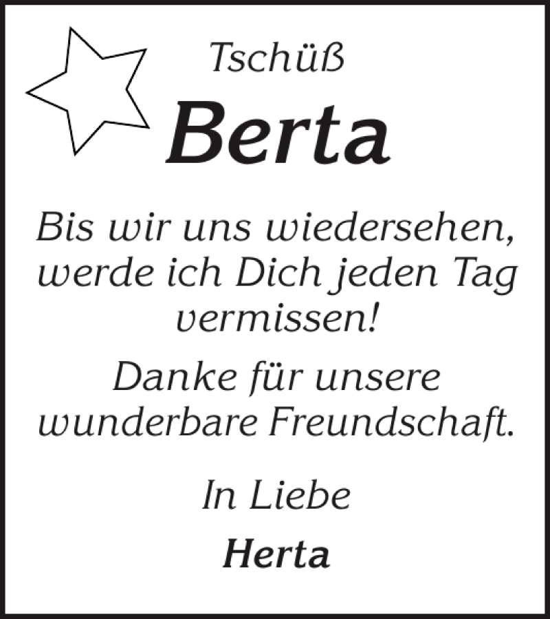  Traueranzeige für Berta  vom 09.01.2015 aus Holsteinischer Courier