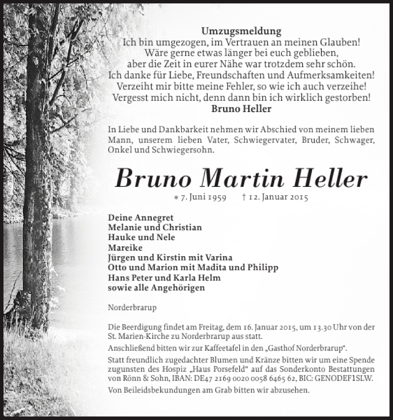  Traueranzeige für Bruno Martin Heller vom 14.01.2015 aus Flensburger Tageblatt