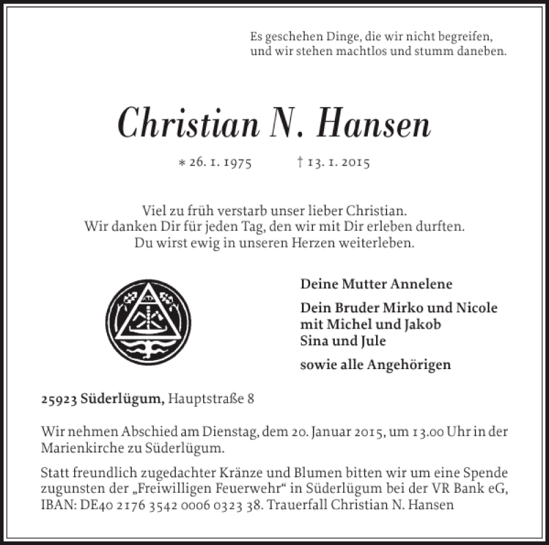  Traueranzeige für Christian N. Hansen vom 16.01.2015 aus Nordfriesland Tageblatt