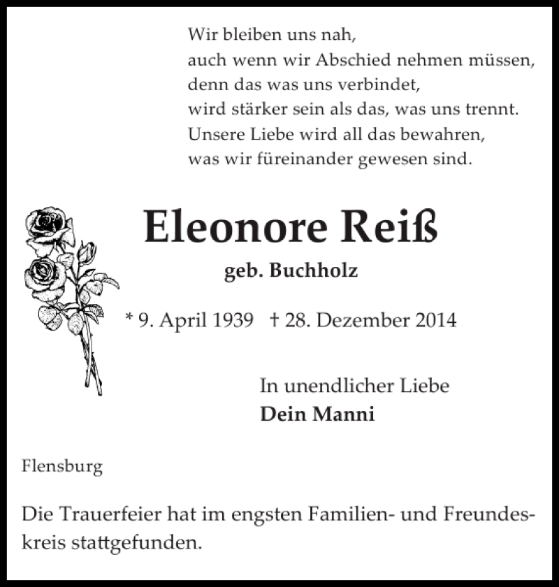  Traueranzeige für Eleonore Reiß vom 07.01.2015 aus Flensburger Tageblatt