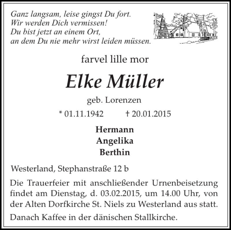  Traueranzeige für Elke Müller vom 29.01.2015 aus Sylter Rundschau
