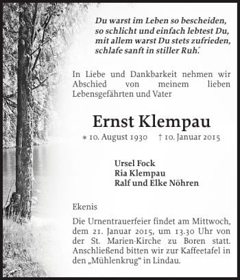 Traueranzeige von Ernst Klempau von Schleswiger Nachrichten