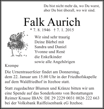 Traueranzeige von Falk Aurich von Norddeutsche Rundschau