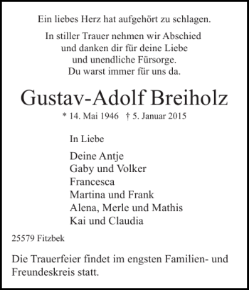 Traueranzeige von Gustav-Adolf Breiholz von Norddeutsche Rundschau