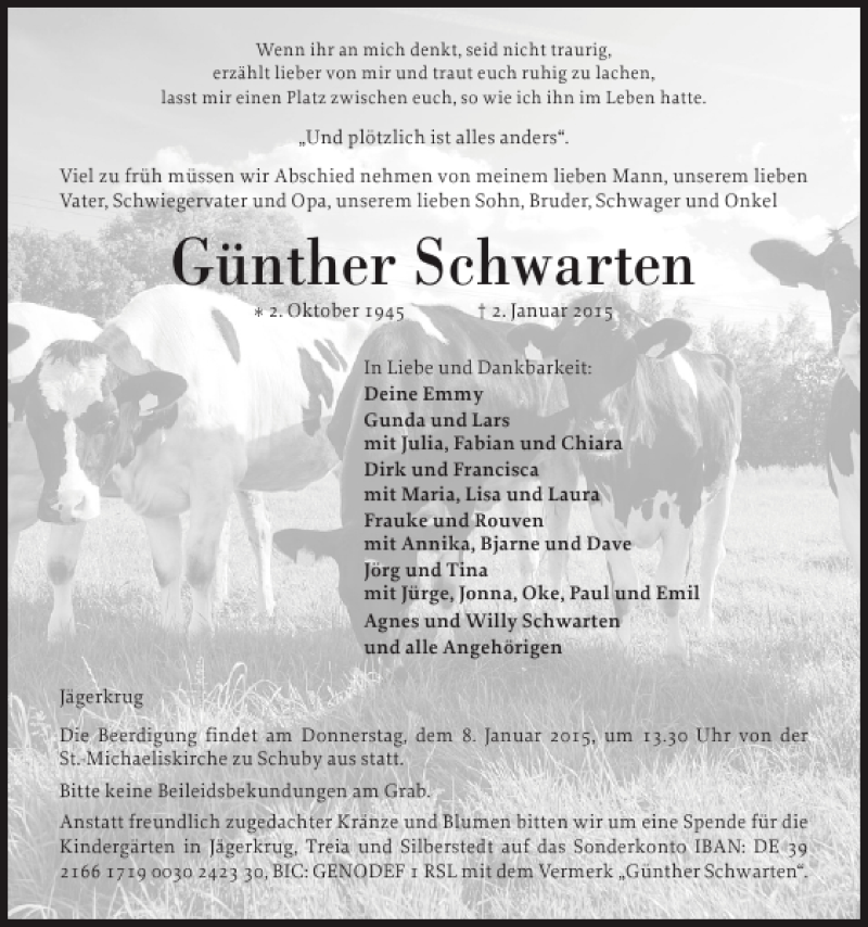  Traueranzeige für Günther Schwarten vom 05.01.2015 aus Flensburger Tageblatt