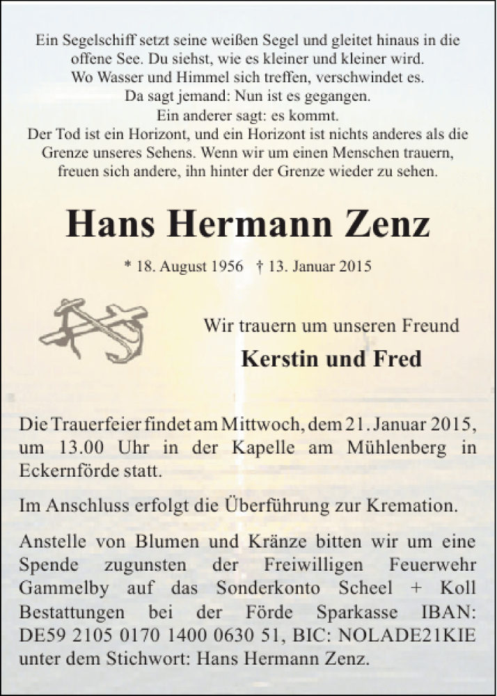  Traueranzeige für Hans Hermann Zenz vom 17.01.2015 aus Eckernförder Zeitung