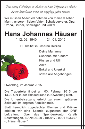 Traueranzeige von Hans Johannes Häuser von Landeszeitung