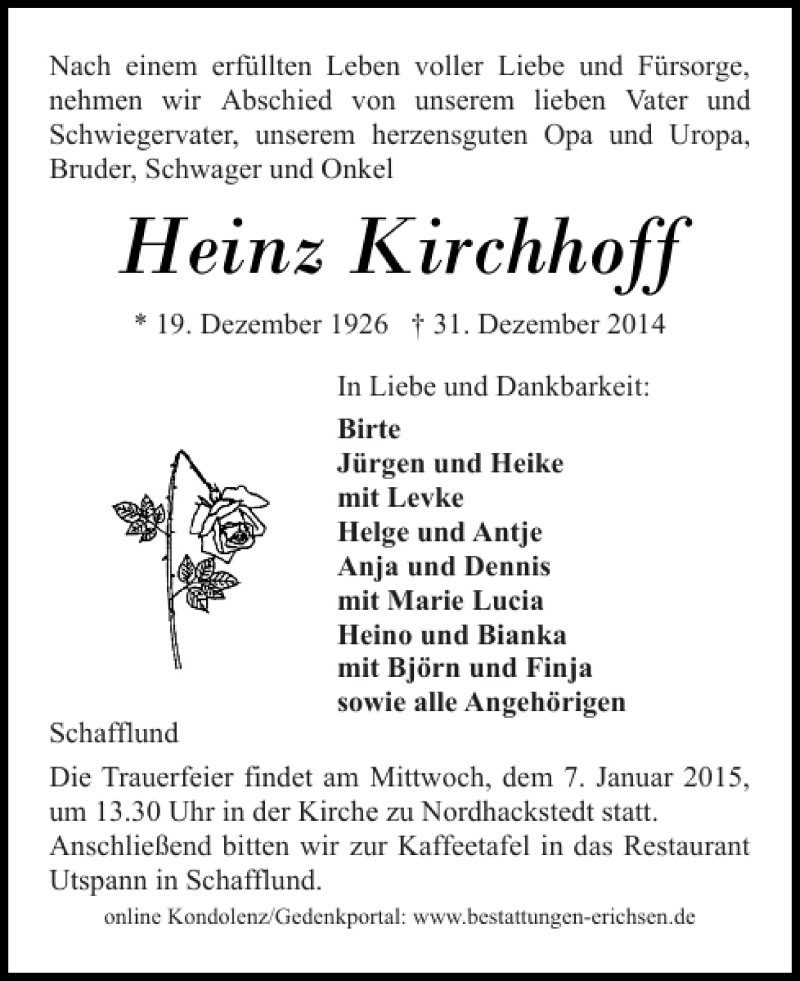  Traueranzeige für Heinz Kirchhoff vom 03.01.2015 aus Flensburger Tageblatt