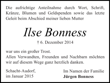 Traueranzeige von Ilse Bonness von Landeszeitung