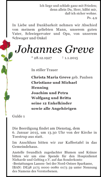 Traueranzeige von Johannes Greve von Flensburger Tageblatt