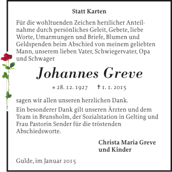 Traueranzeige von Johannes Greve von Flensburger Tageblatt