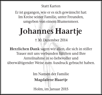 Traueranzeige von Johannes Haartje von Pinneberger Tageblatt