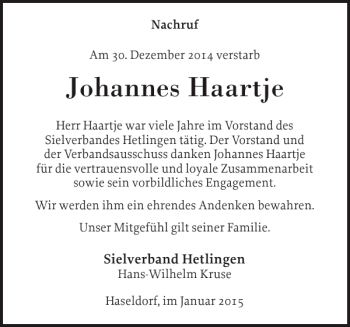 Traueranzeige von Johannes Haartje von Pinneberger Tageblatt