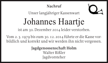 Traueranzeige von Johannes Haartje von Pinneberger Tageblatt