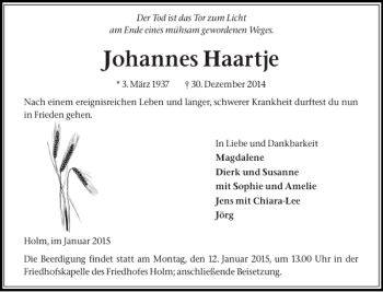 Traueranzeige von Johannes Haartje von Pinneberger Tageblatt