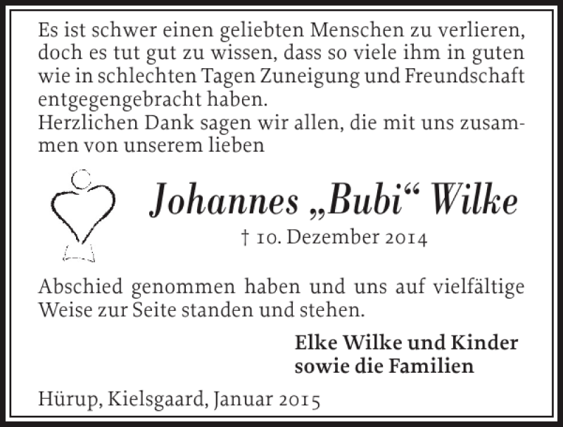  Traueranzeige für Johannes Bubi Wilke vom 10.01.2015 aus Flensburger Tageblatt