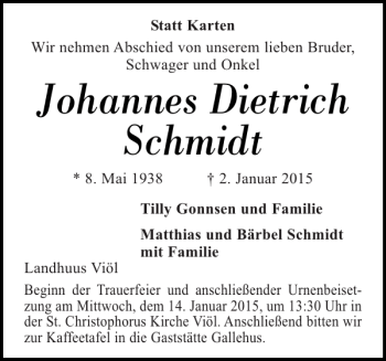Traueranzeige von Johannes Dietrich Schmidt von Husumer Nachrichten