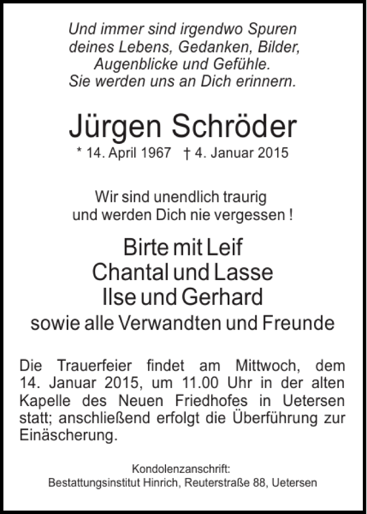  Traueranzeige für Jürgen Schröder vom 10.01.2015 aus Pinneberger Tageblatt