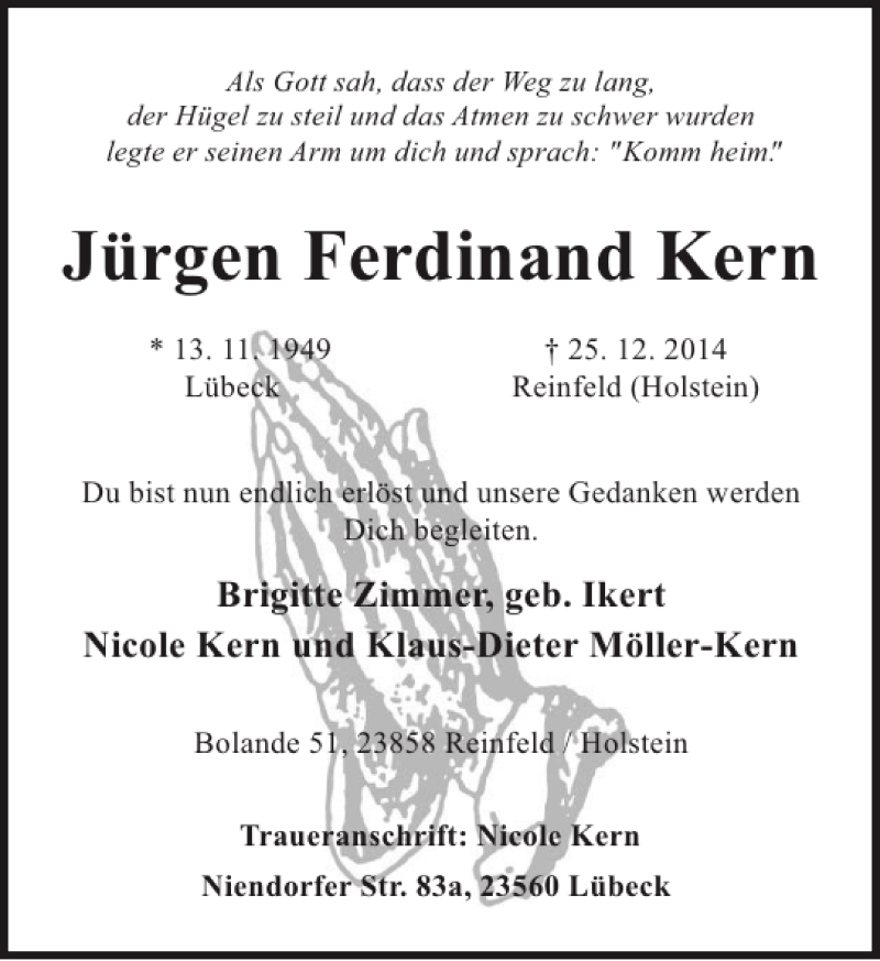  Traueranzeige für Jürgen Ferdinand Kern vom 14.01.2015 aus Flensburger Tageblatt