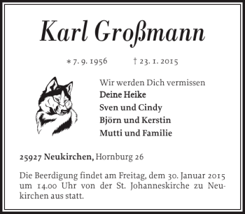 Traueranzeige von Karl Großmann von Nordfriesland Tageblatt