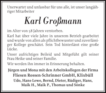 Traueranzeige von Karl Großmann von Nordfriesland Tageblatt