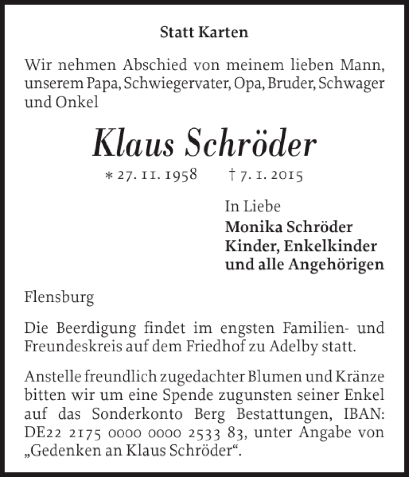  Traueranzeige für Klaus Schröder vom 10.01.2015 aus Flensburger Tageblatt