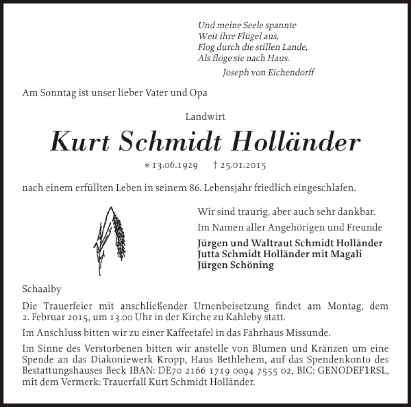  Traueranzeige für Kurt Schmidt Holländer vom 29.01.2015 aus Flensburger Tageblatt