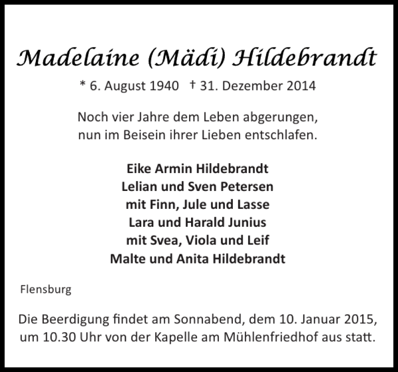  Traueranzeige für Madelaine Hildebrandt vom 07.01.2015 aus Flensburger Tageblatt