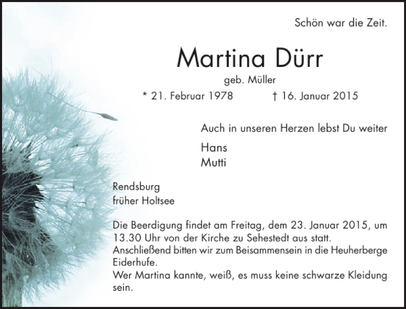  Traueranzeige für Martina Dürr vom 20.01.2015 aus Eckernförder Zeitung