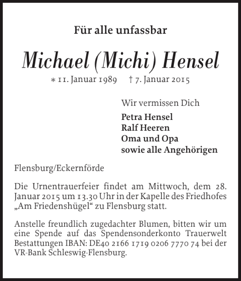  Traueranzeige für Michael Michi Hensel vom 24.01.2015 aus Flensburger Tageblatt