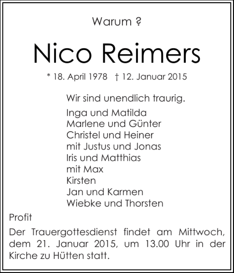  Traueranzeige für Nico Reimers vom 17.01.2015 aus Eckernförder Zeitung