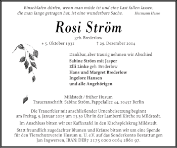 Traueranzeige von Rosi Ström von Husumer Nachrichten