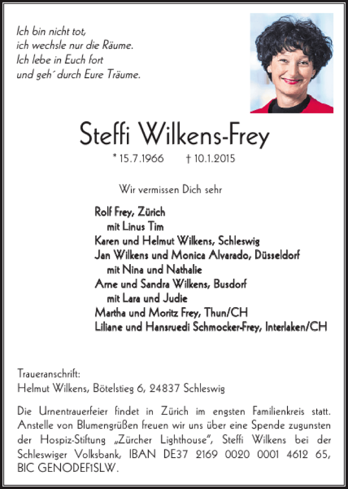  Traueranzeige für Steffi Wilkens-Frey vom 16.01.2015 aus Schleswiger Nachrichten