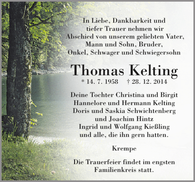  Traueranzeige für Thomas Kelting vom 03.01.2015 aus Norddeutsche Rundschau