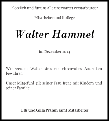 Traueranzeige von Walter Hammel von Flensburger Tageblatt