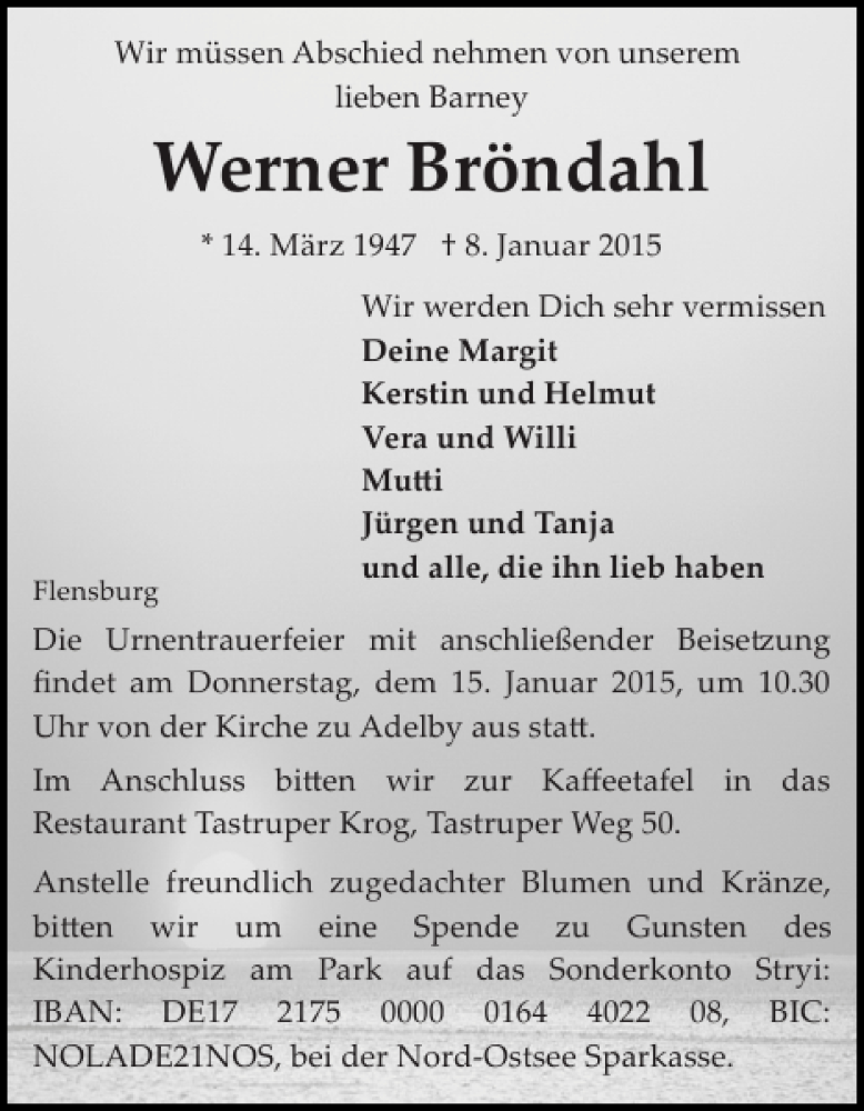  Traueranzeige für Werner Bröndahl vom 12.01.2015 aus Flensburger Tageblatt